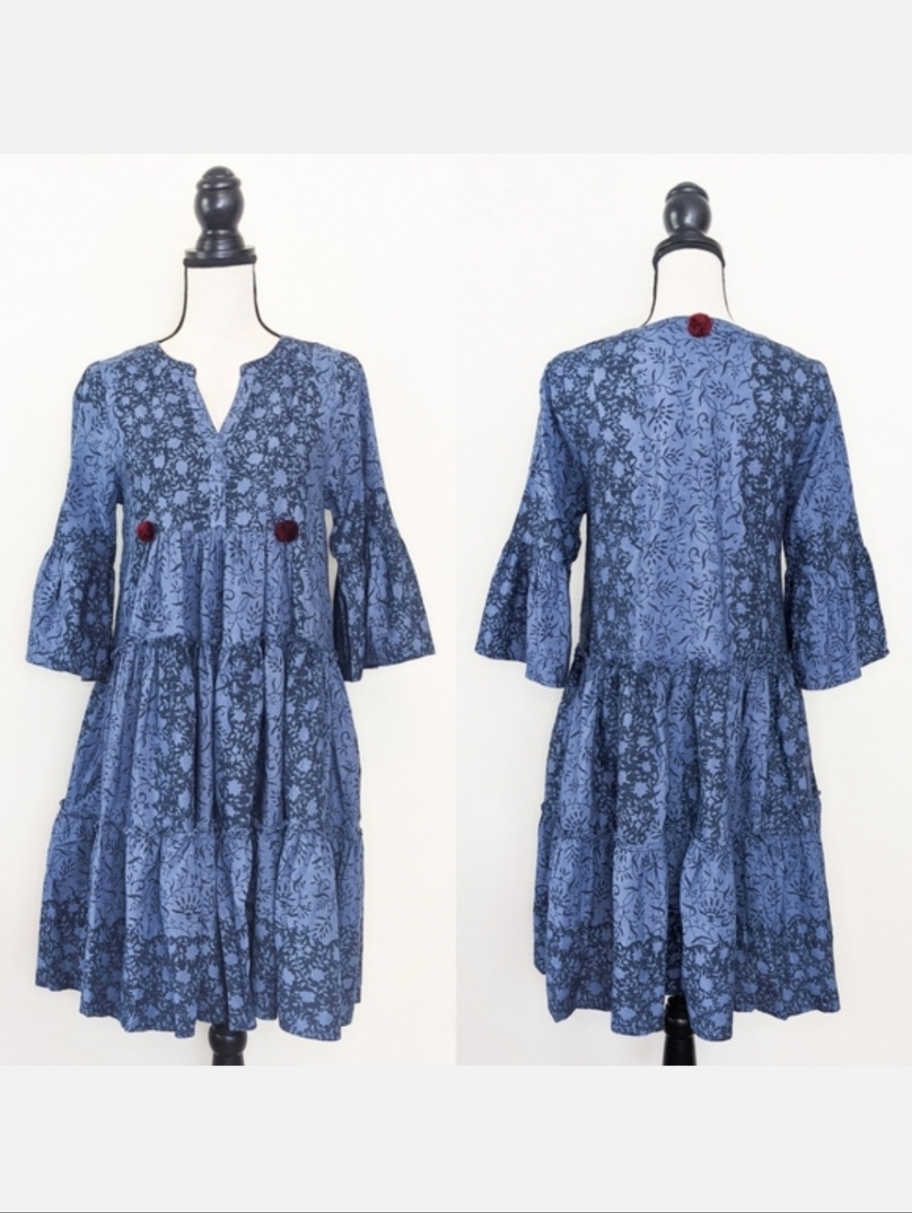 🦋LAST🦋 NWT Kopal Handmade Indigo Floral Boho Mini Dress, Size Small